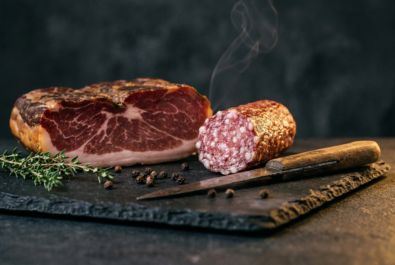 Anschnitt von Schinken und Salami