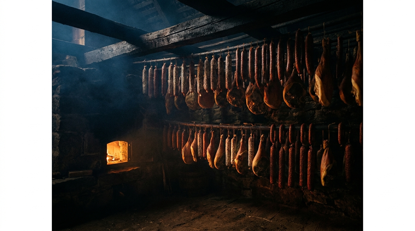 Räucherkammer im Erzgebirge, hängende Salami und Schinken